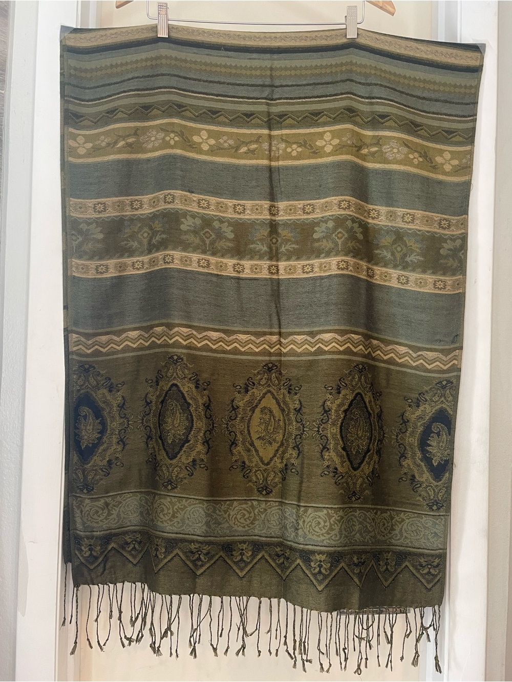 Silk and Cashmere Olive Green and Gold Patterned Fringe Wrap Scarf